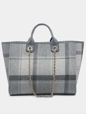 ShopEvelynne Grey Plaid Chain-Detail Tote